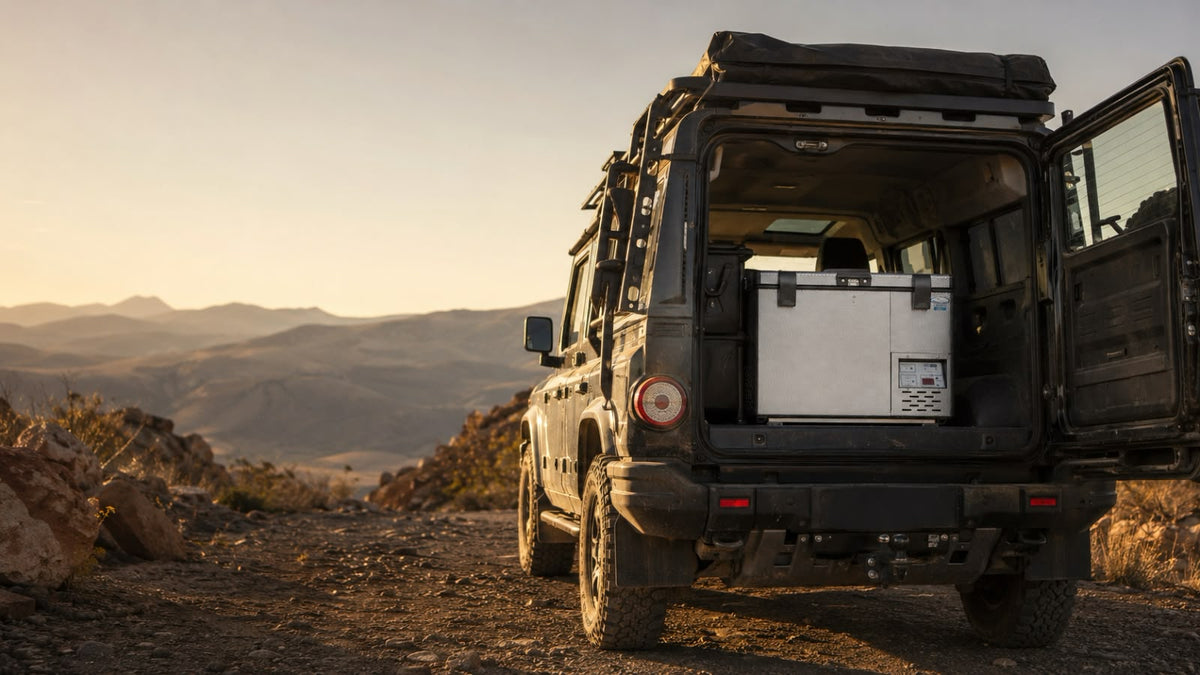 National Luna fridge in the cargo area of an overland SUV at sunset