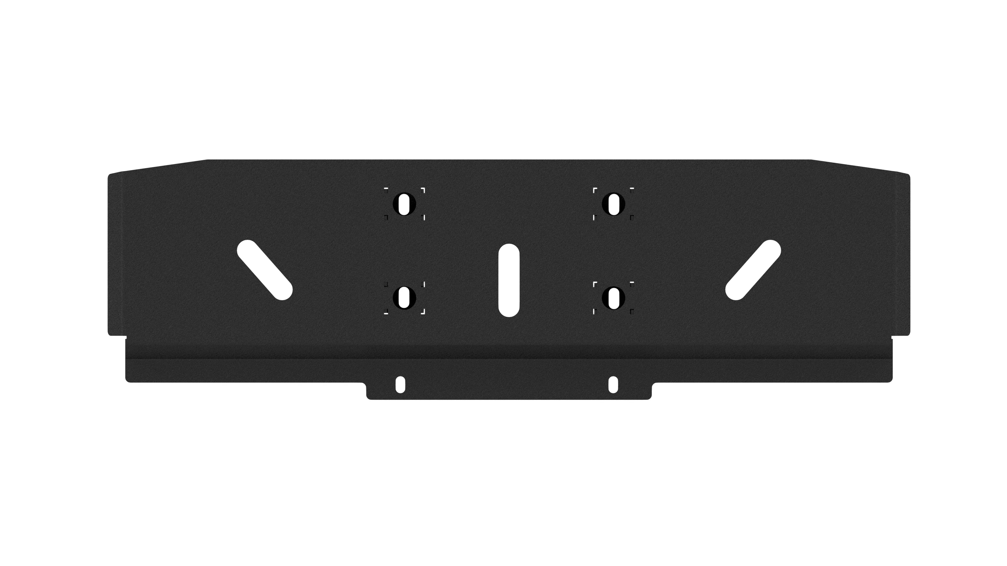 Black steel skid plate bottom view with mounting holes for off-road vehicle protection