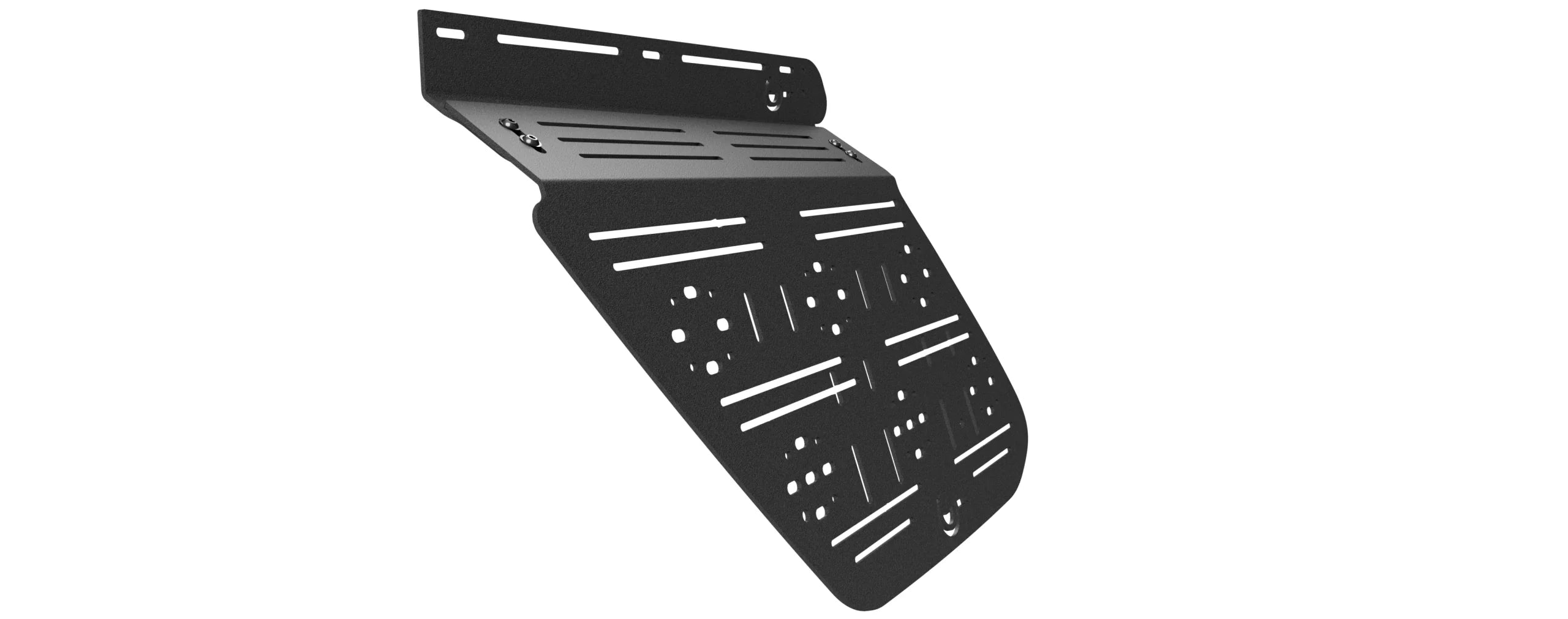 Black metal modular mounting panel for overlanding vehicle accessories