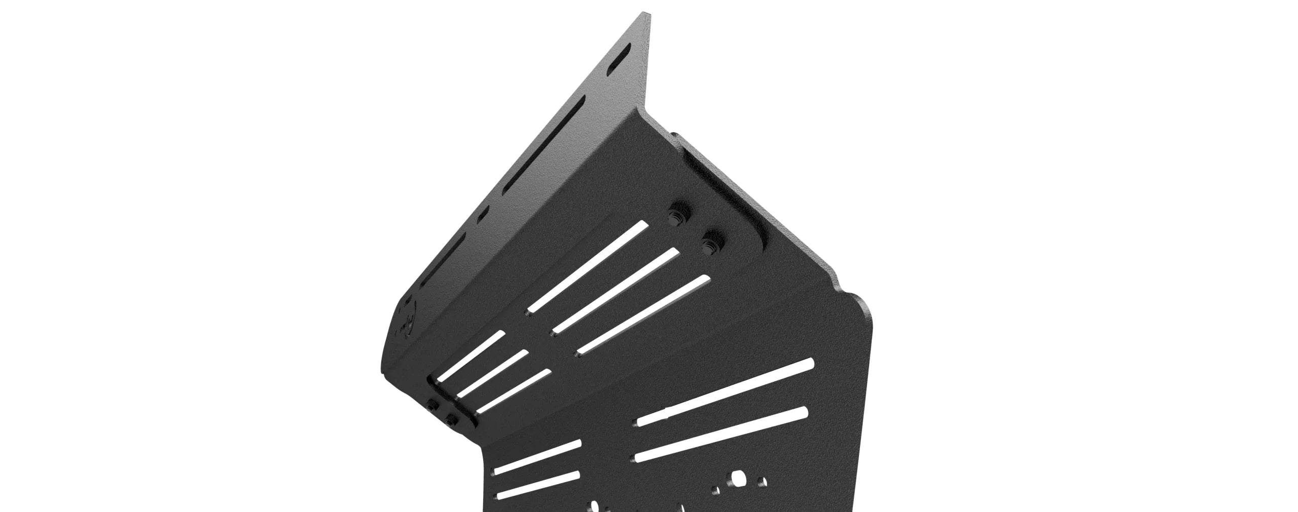 Black metal mounting bracket with slotted vents for overlanding vehicle accessories