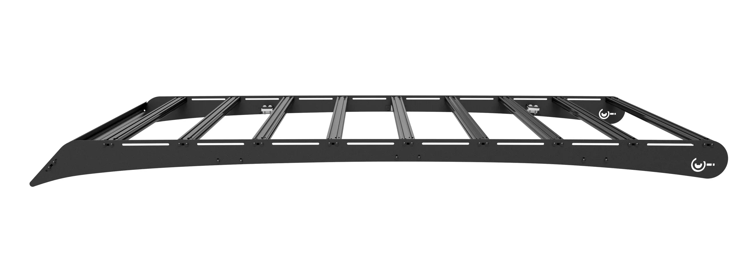Heavy-duty black roof rack for overlanding and camping vehicles, front view