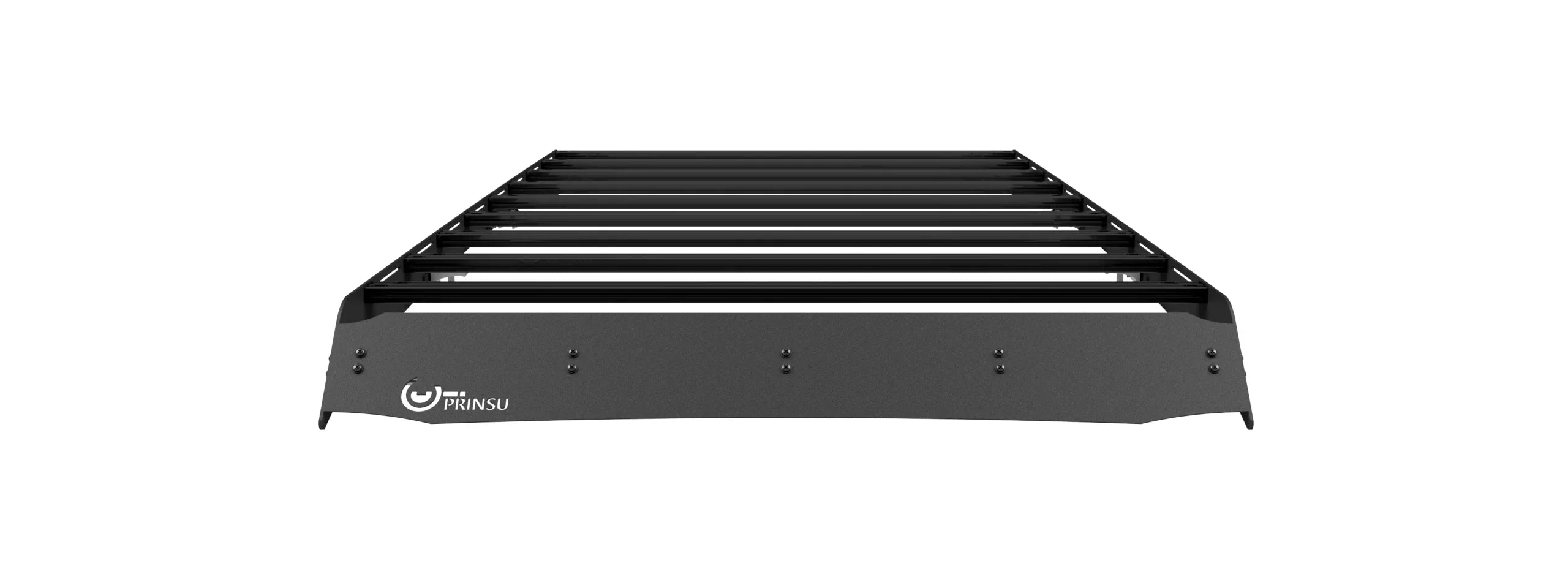 Black Prinsu roof rack for overlanding vehicles, viewed from the front on white background
