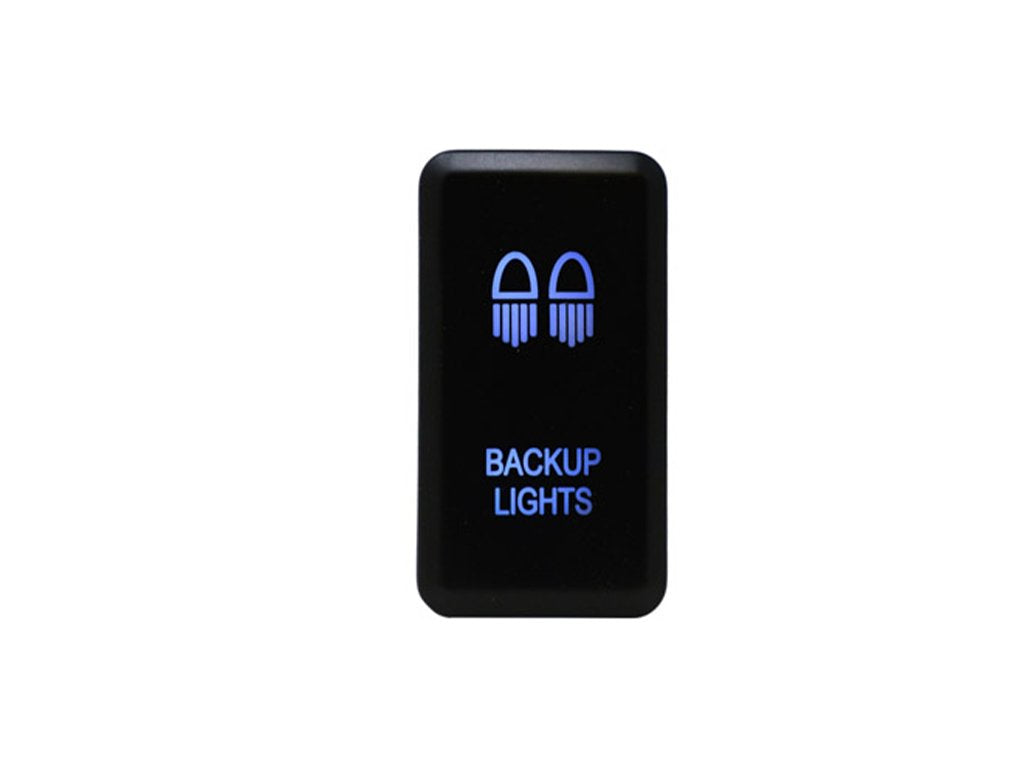 Black switch with blue LED backup lights icon and text for off-road vehicle lighting