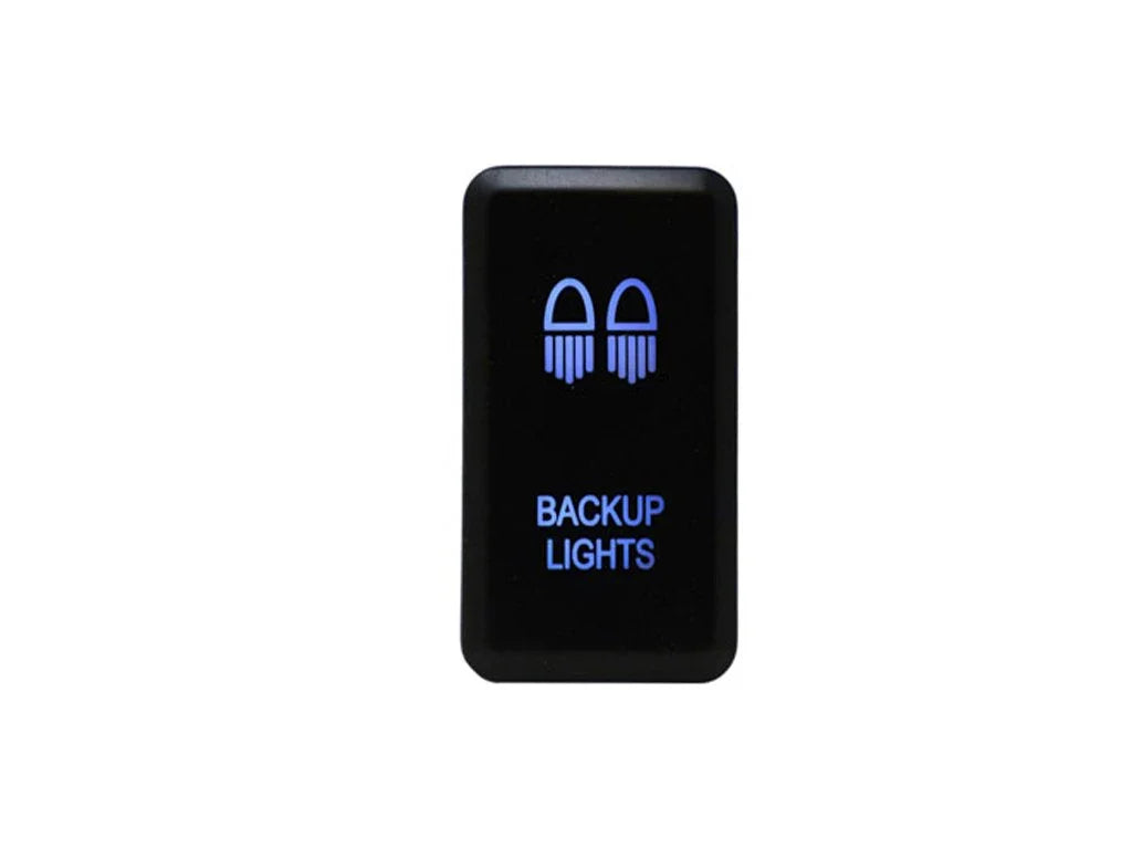 Black LED backup lights switch with blue illuminated icon and text for off-road vehicles