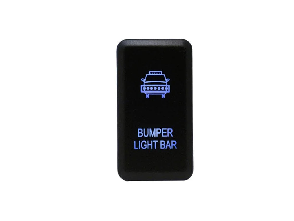 Black bumper light bar rocker switch with blue illumination for off-road vehicle accessories