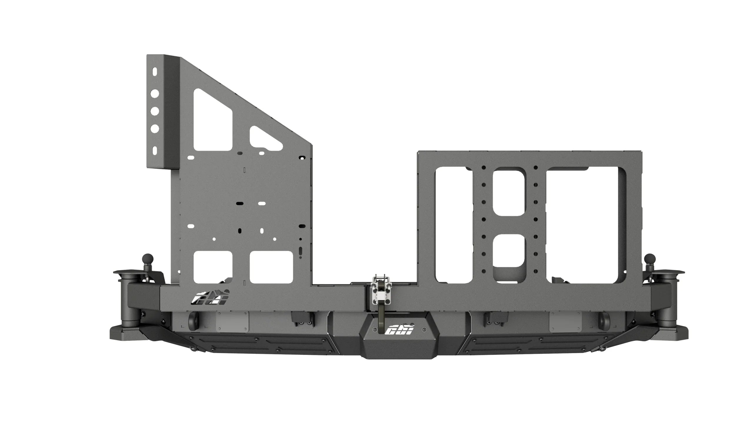 Heavy-duty steel swing arm bumper mount for off-road vehicle, front view, isolated on white