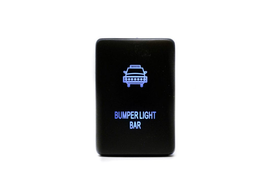 Black bumper light bar switch with blue LED car icon and text for off-road vehicles