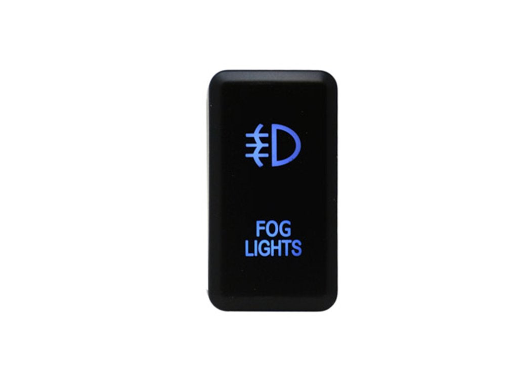 Black vehicle fog light switch with blue backlit fog lights symbol and text