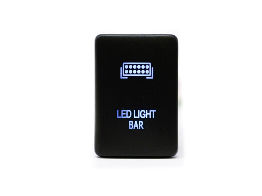 Black LED light bar switch with blue illuminated icon and text for off-road vehicle accessory
