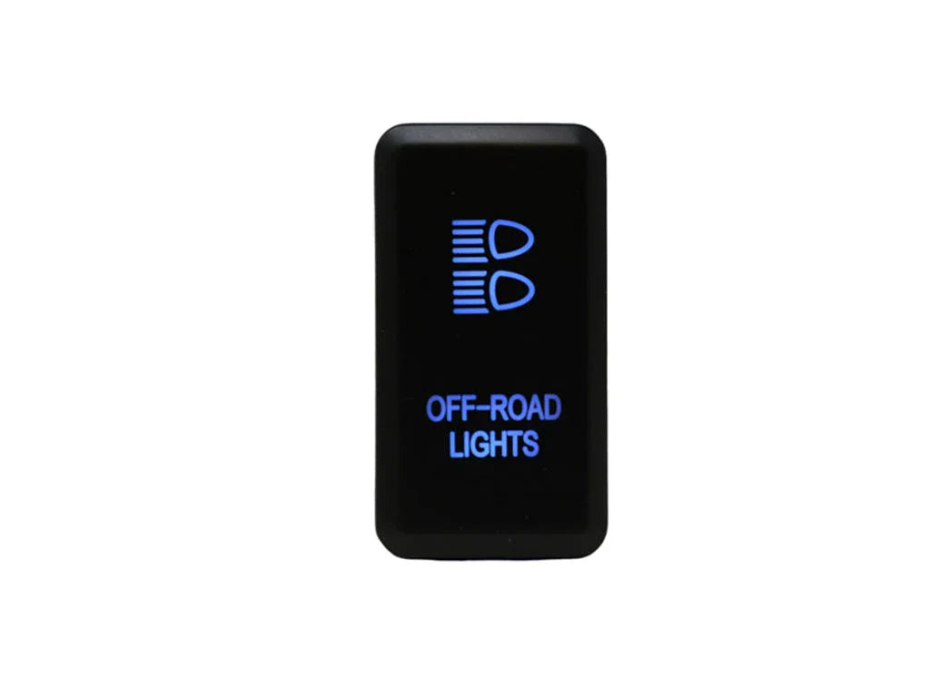 Black illuminated off-road lights rocker switch with blue icons for vehicle accessories.