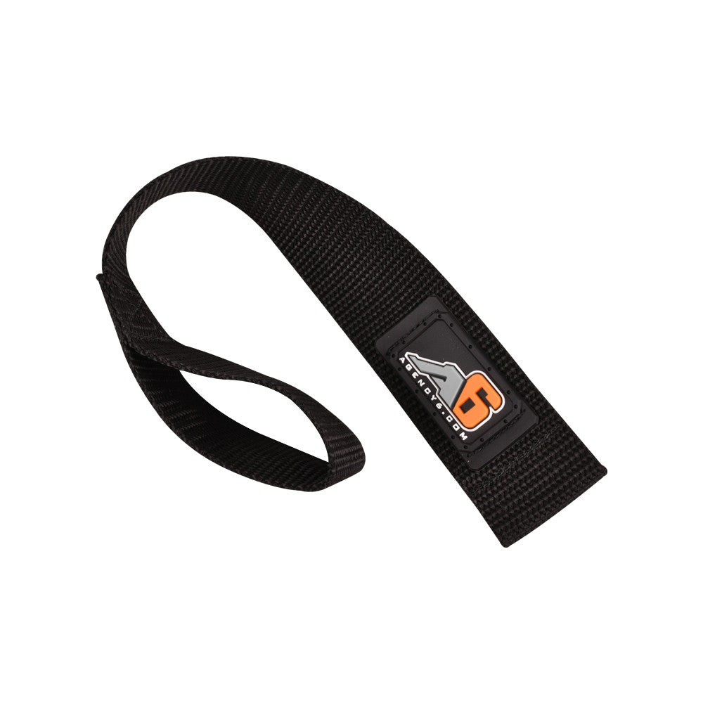 Black nylon recovery strap with stitched patch, overlanding and camping vehicle gear