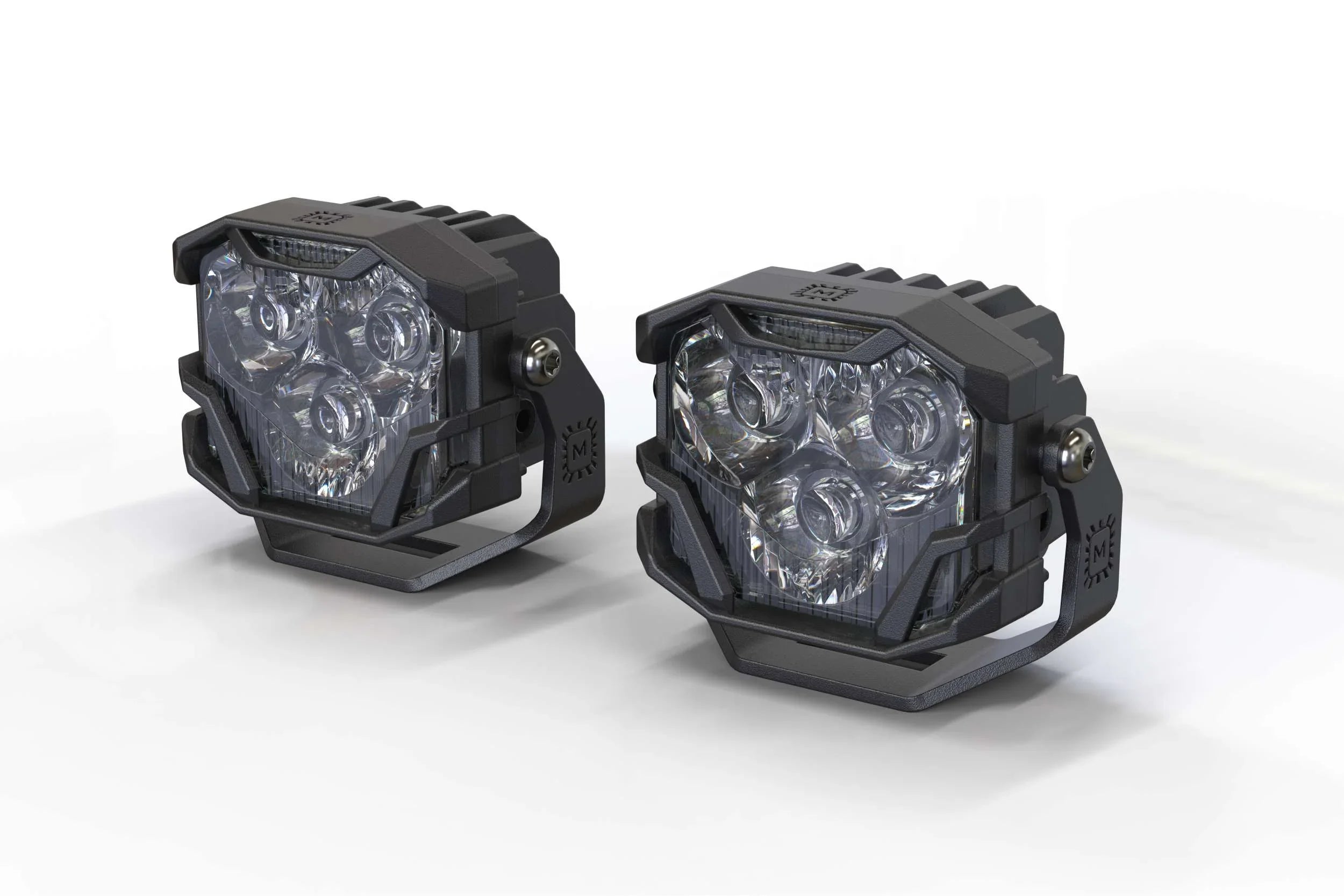 Pair of black off-road LED pod lights for vehicles, rugged housing, clear lenses