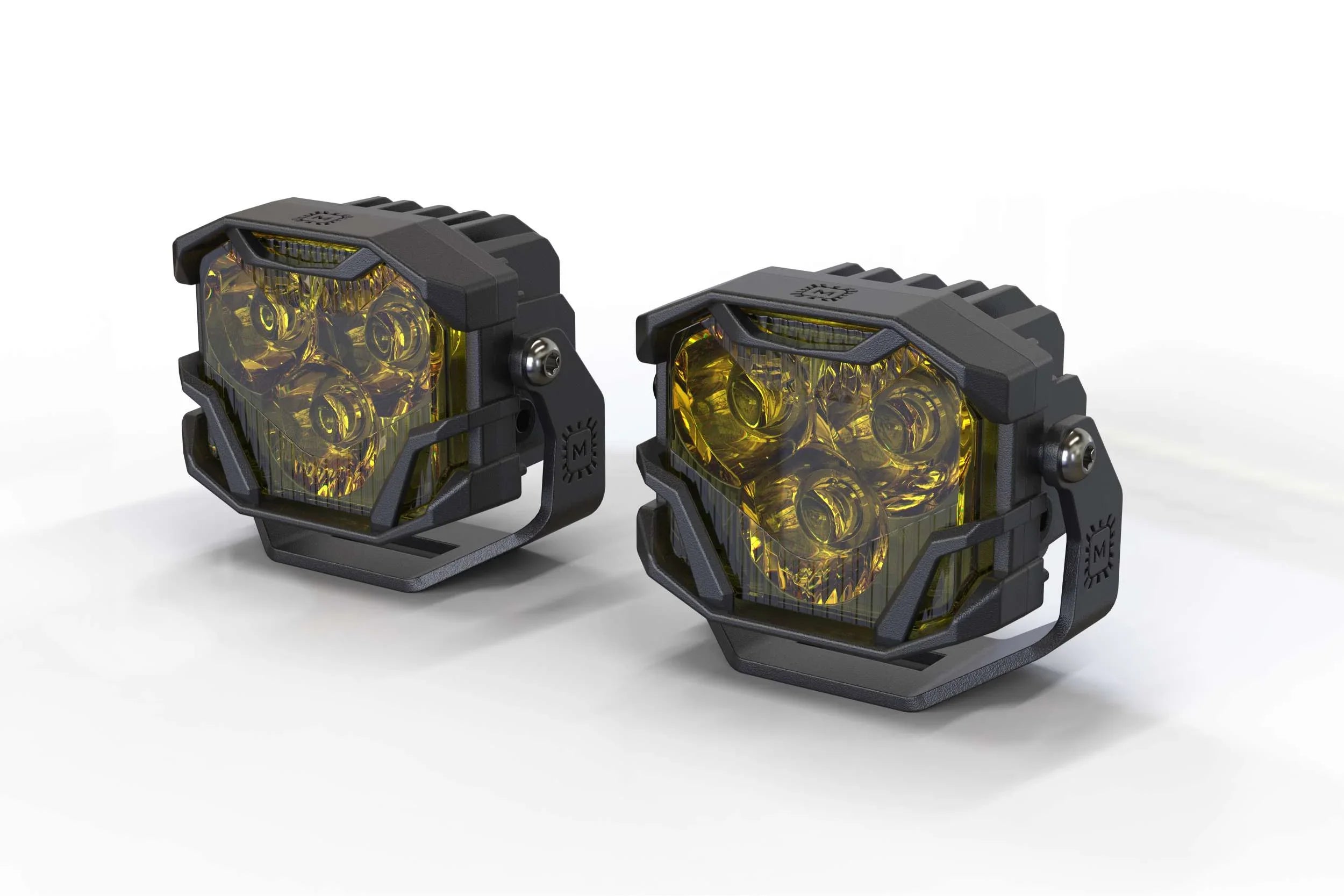 Pair of yellow lens LED off-road pod lights with black housings for trucks and SUVs