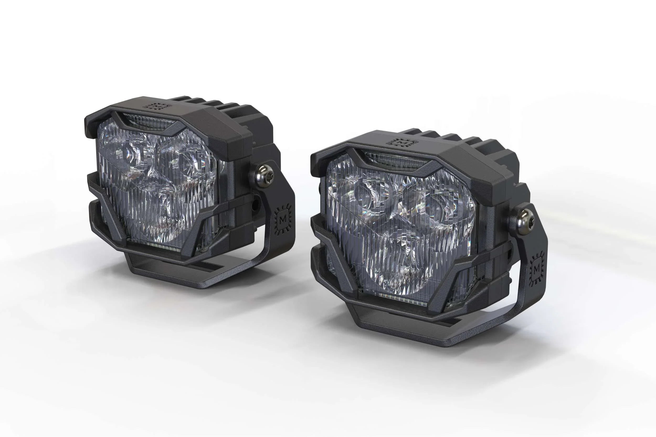 Pair of rugged LED off-road pod lights with black housings for trucks and SUVs