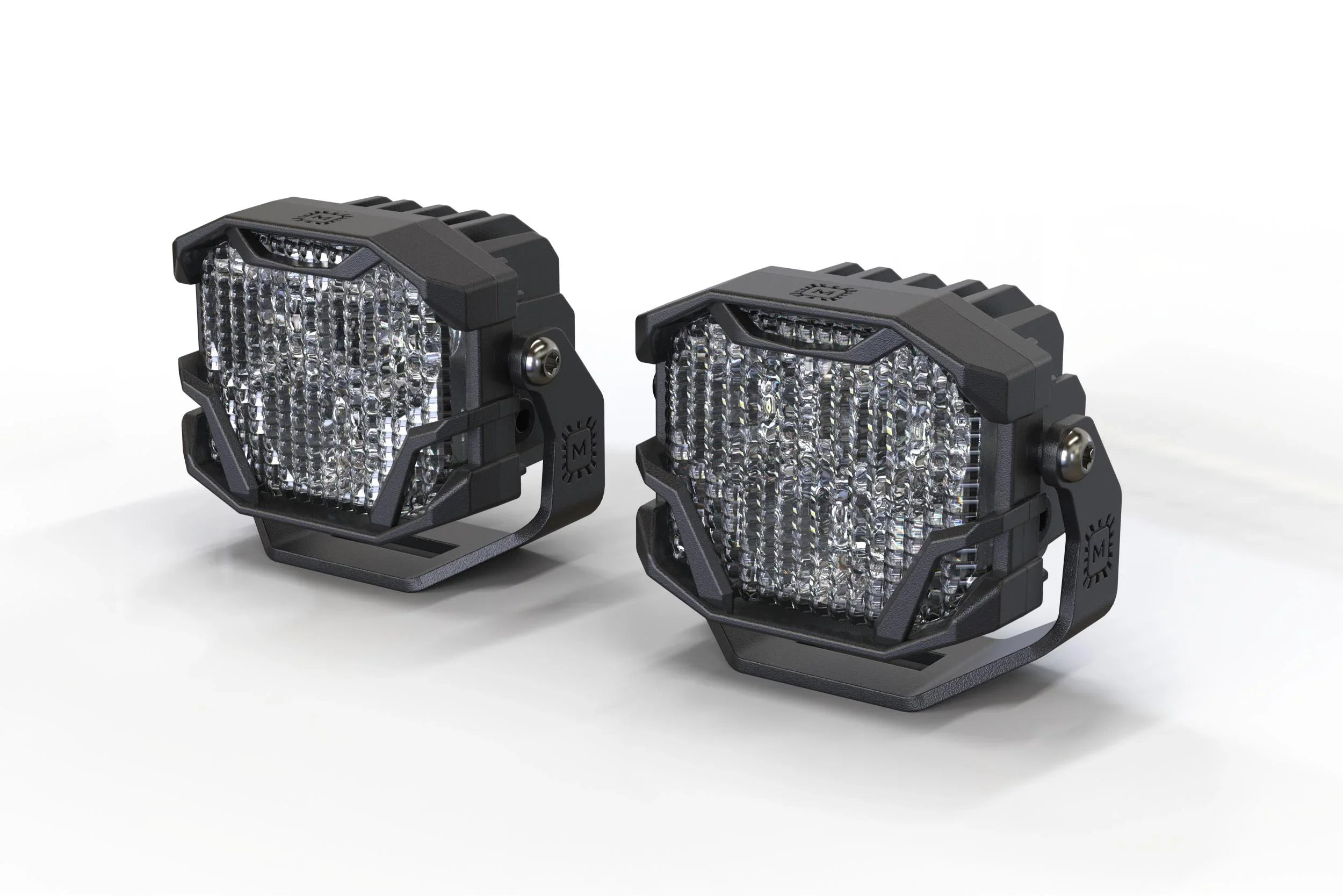 Pair of off-road LED pod lights with rugged black housing, ideal for overlanding vehicles