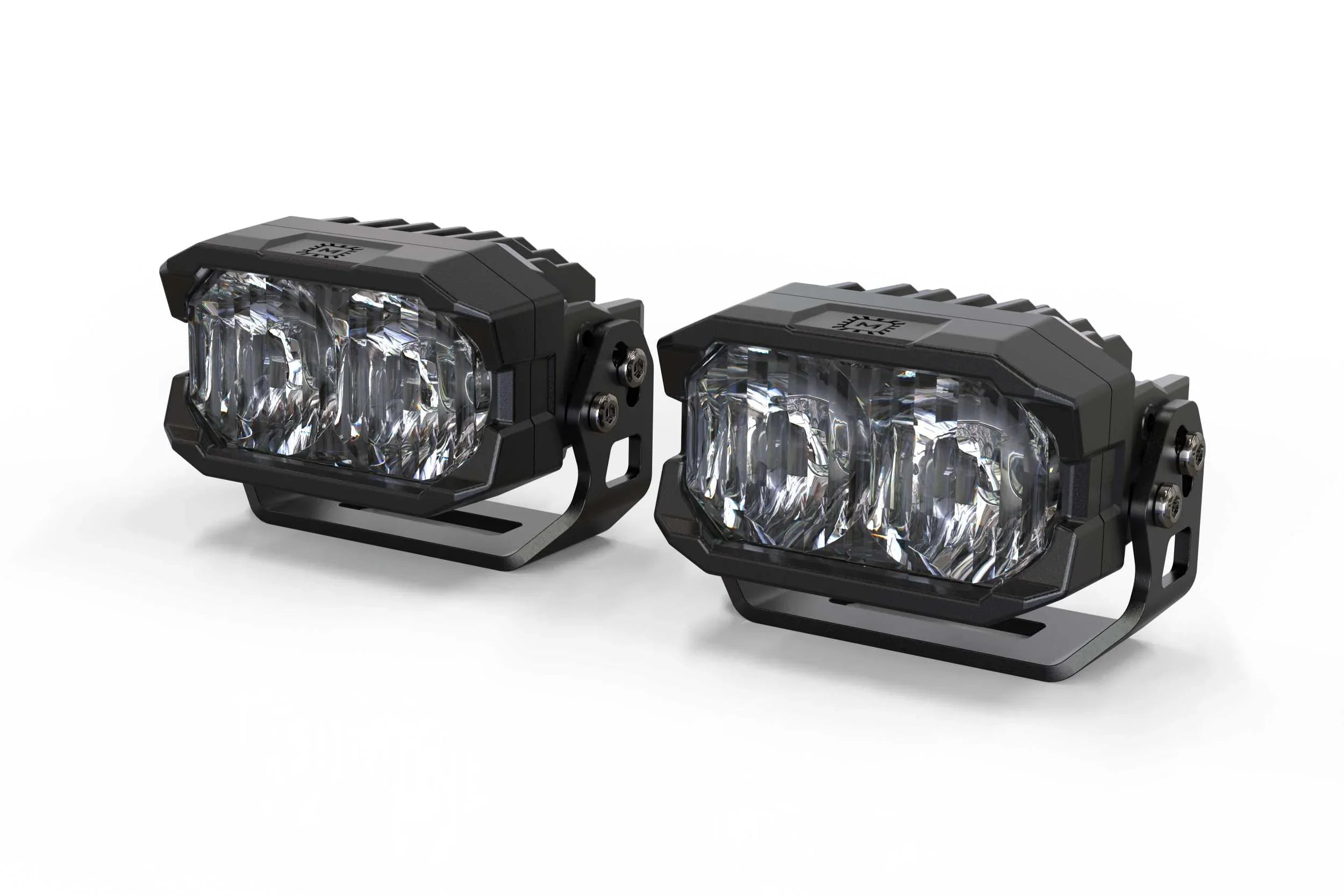 Pair of rectangular LED off-road driving lights with black housings on white background