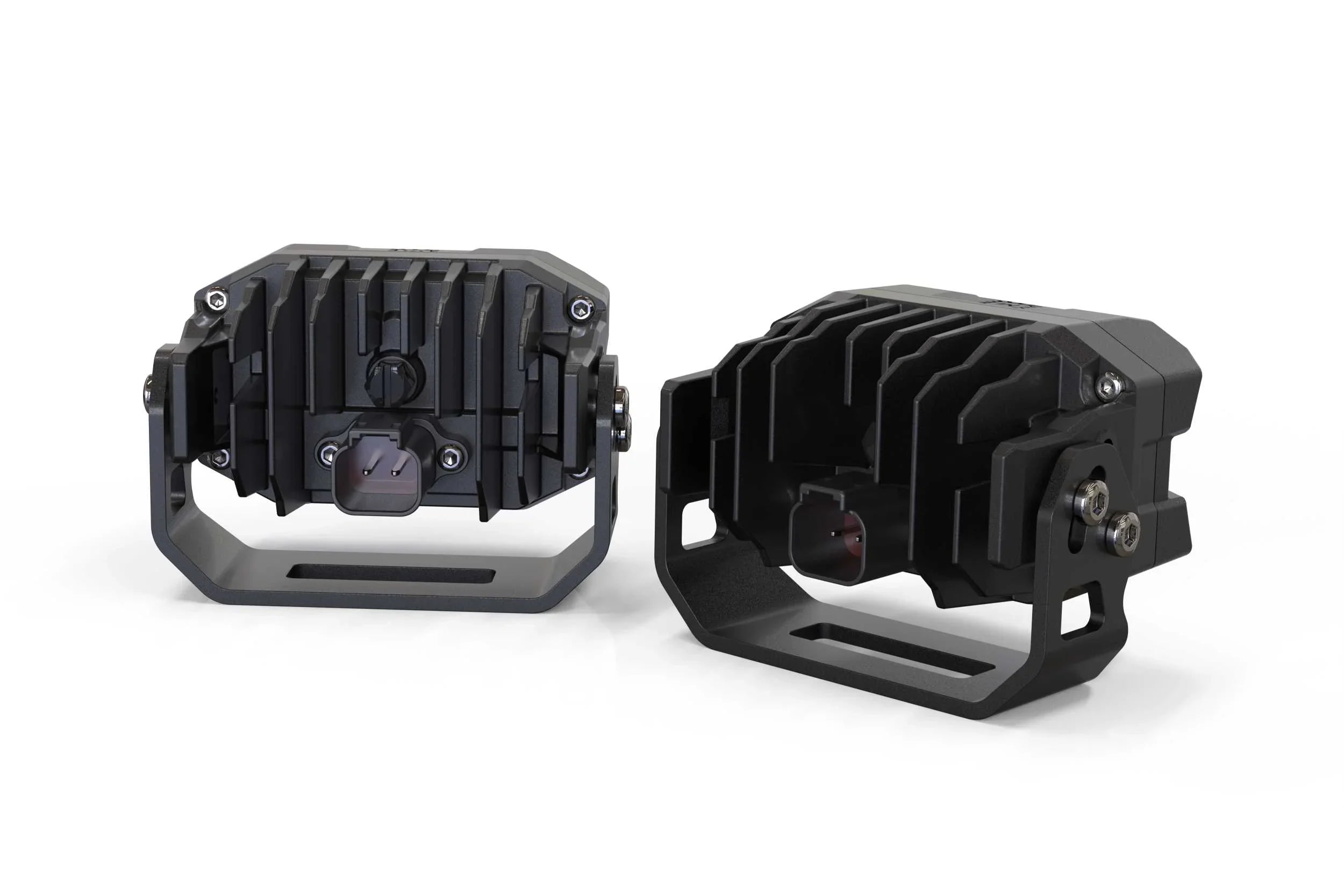 Pair of rugged black off-road LED pod lights with heavy-duty mounting brackets