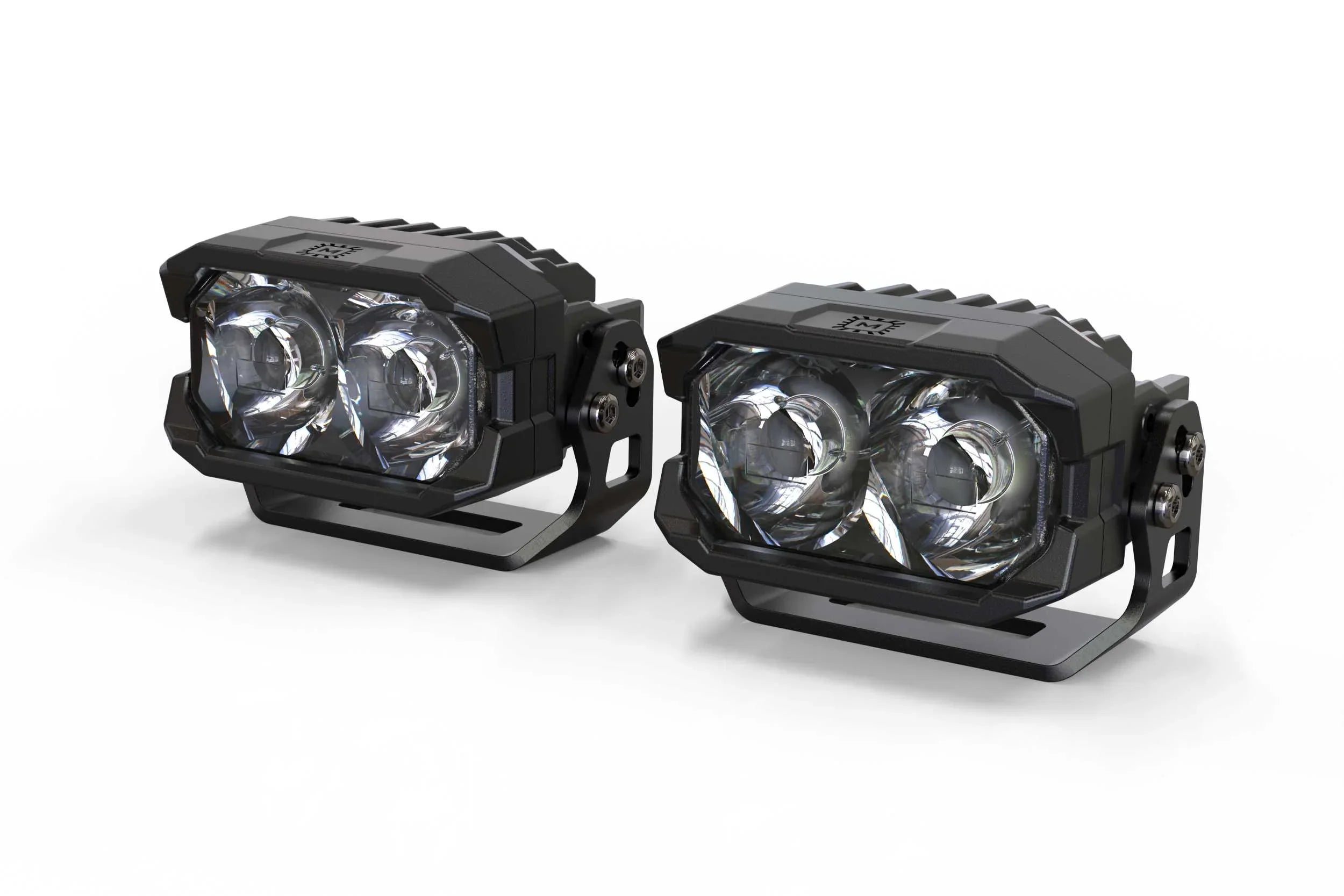 Pair of rectangular LED off-road driving lights with dual lenses and black housings on white background