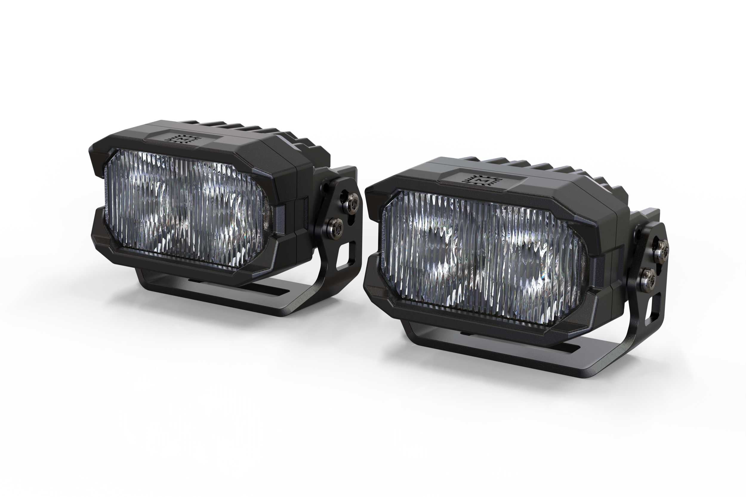 Pair of rectangular LED off-road lights with black housing and mounting brackets