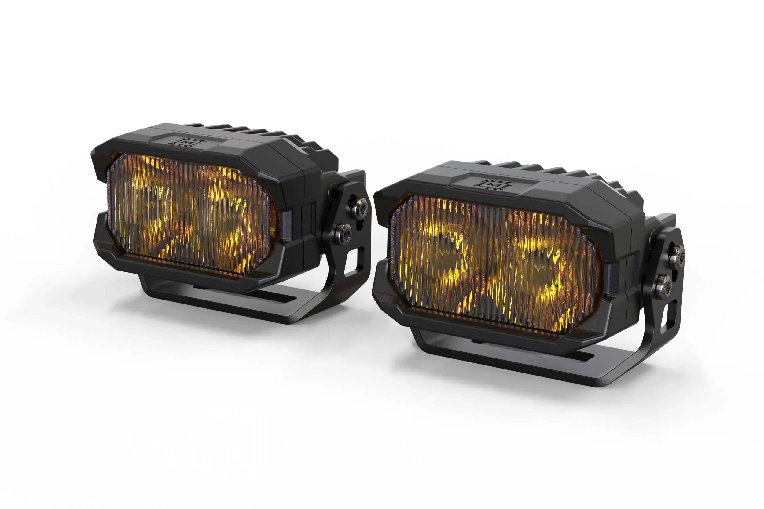 Pair of amber LED off-road pod lights with black housing and mounting brackets