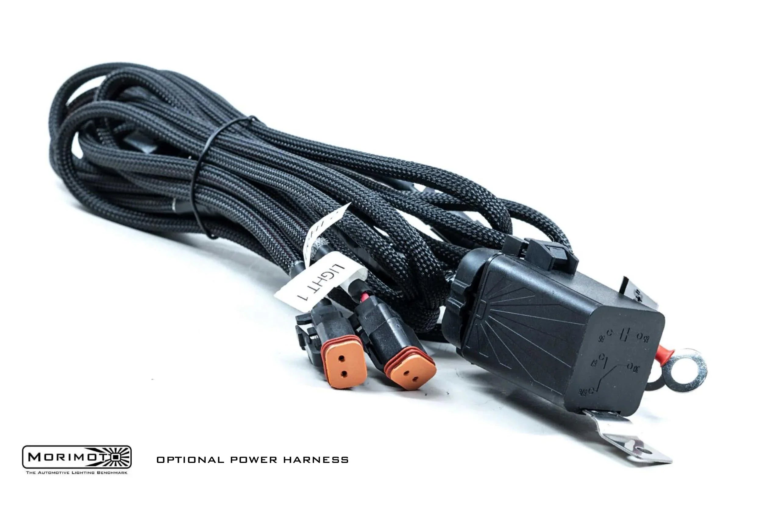 Black braided vehicle power harness with labeled connectors and relay, suitable for overlanding lighting setups.