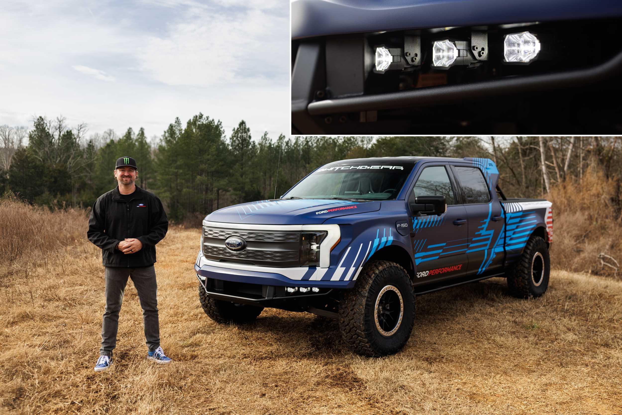 Ford F-150 off-road truck with custom wrap and LED bumper lights, parked on grassland