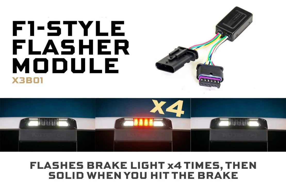 F1-style brake light flasher module with wiring, flashes brake light four times, then solid.