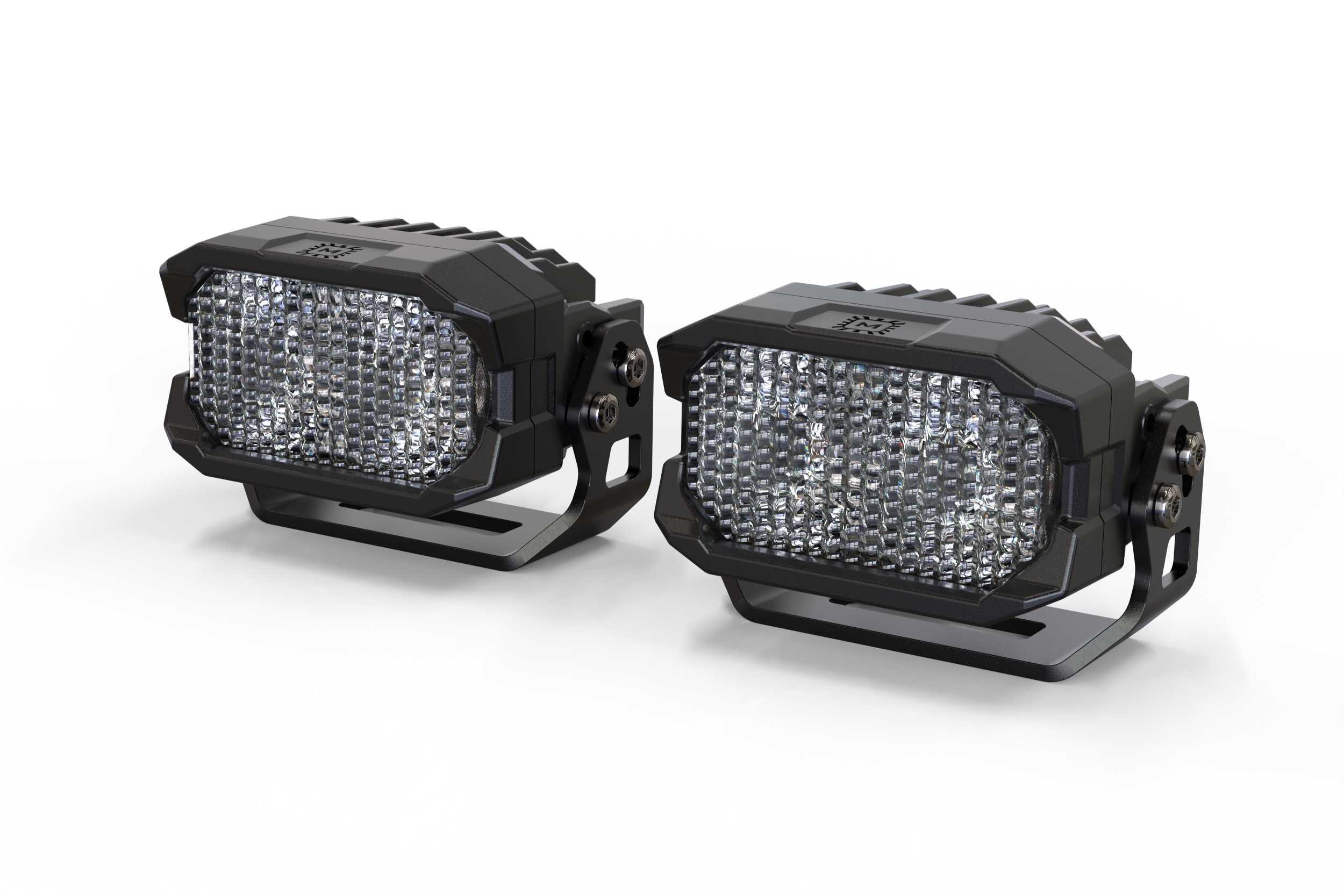 Pair of rectangular LED off-road lights with black mounts for trucks and SUVs