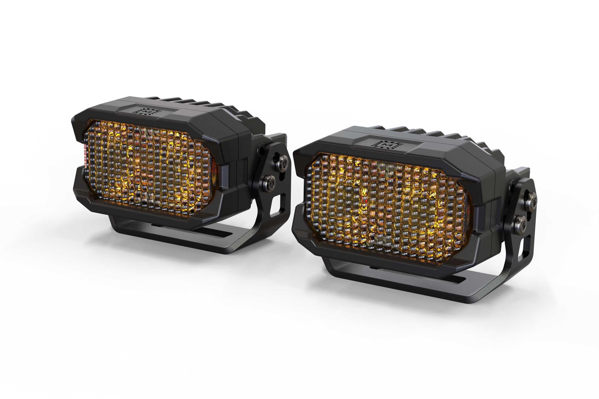 Pair of rectangular amber LED off-road pod lights with black mounting brackets