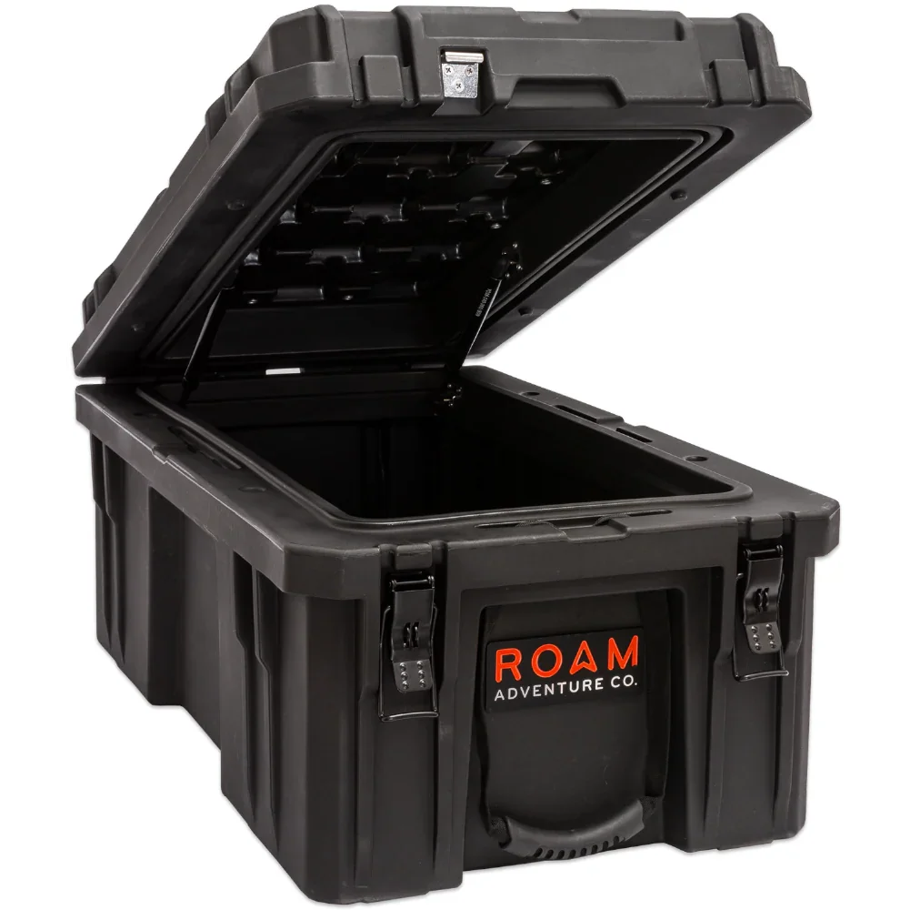 Black heavy-duty storage box with open lid, reinforced corners, and dual locking latches
