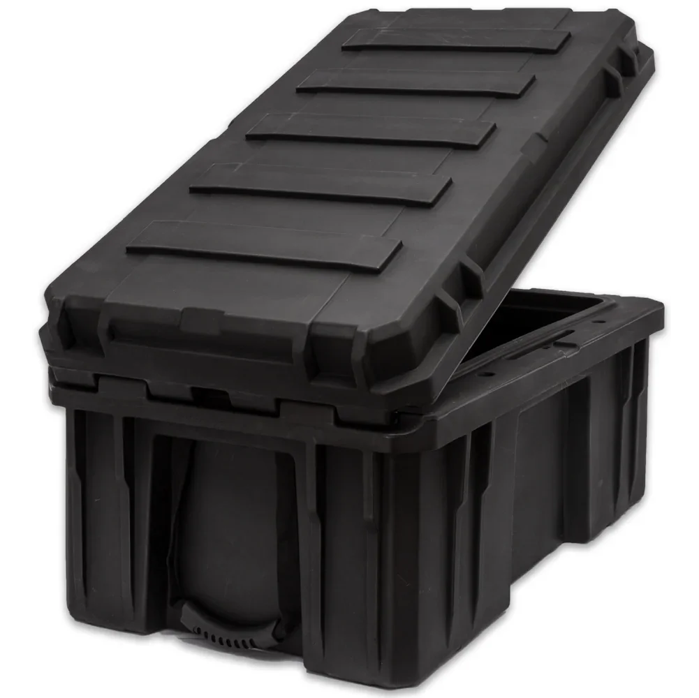 Black heavy-duty storage box with open lid for overlanding and camping gear organization