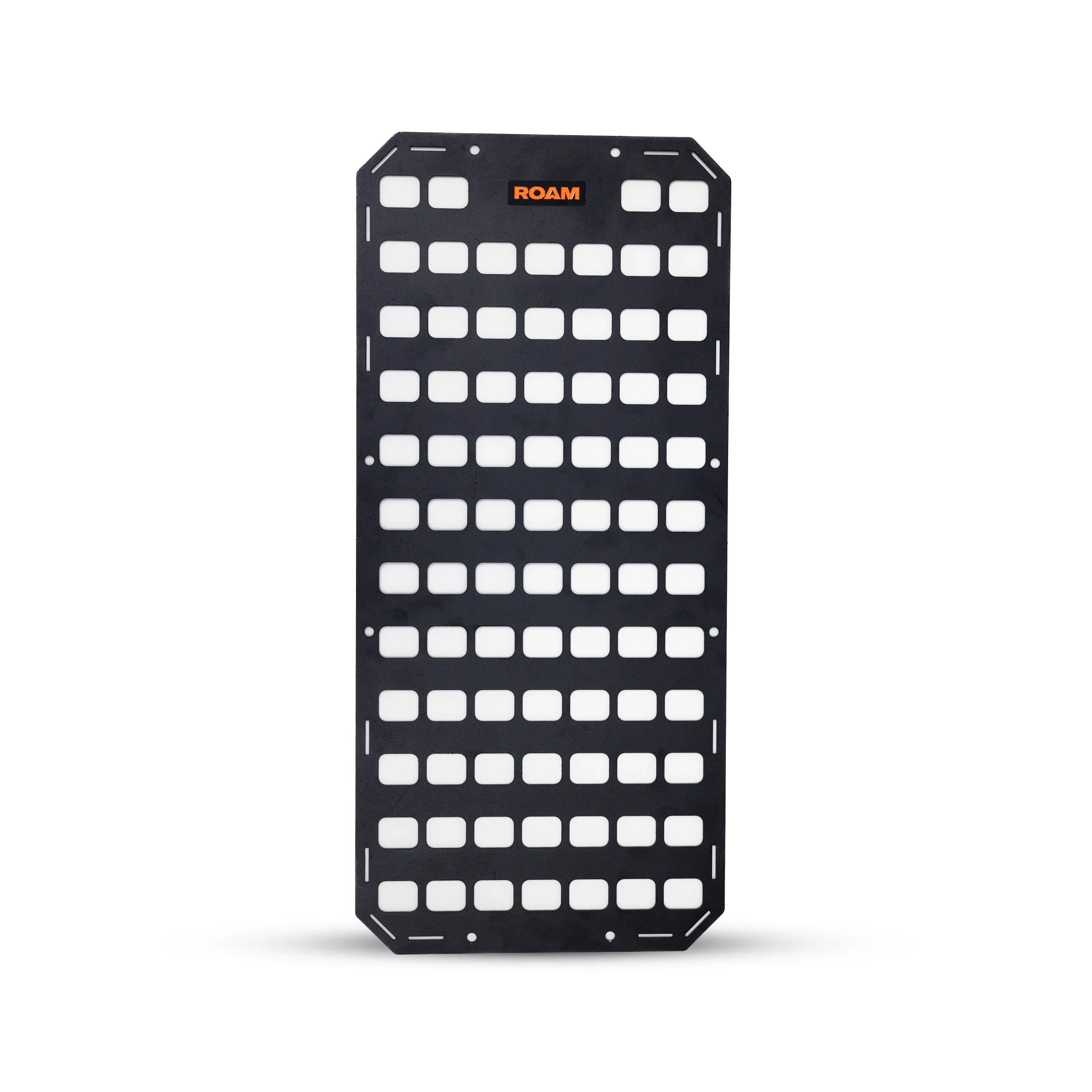 Black metal MOLLE panel with grid slots, ideal for overlanding gear organization
