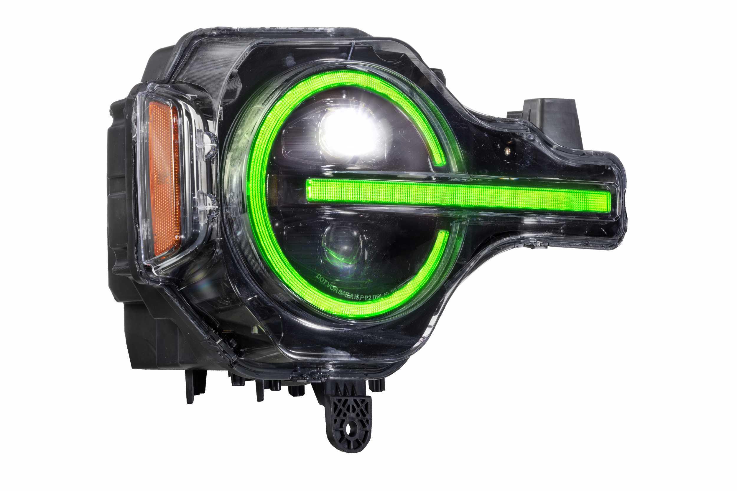 LED headlight with green halo ring and amber reflector for off-road vehicles