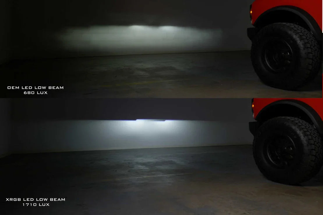 Comparison of OEM vs XRGB LED low beam headlight brightness on off-road vehicle, 680 vs 1710 lux