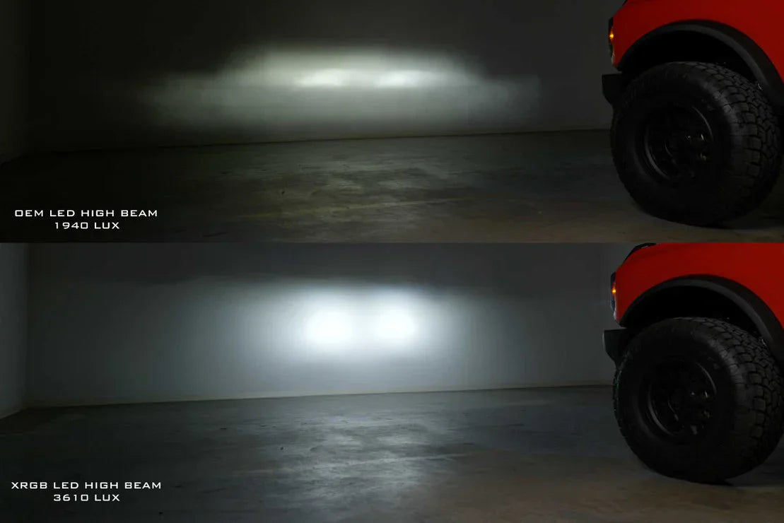 Comparison of OEM LED high beam vs XR8G LED high beam brightness on vehicle wall test