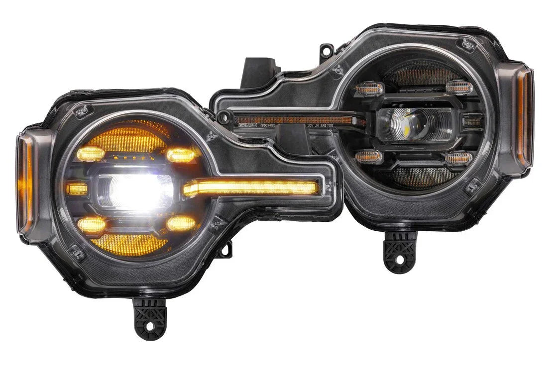 LED aftermarket headlights with amber accents for Jeep Wrangler or Gladiator