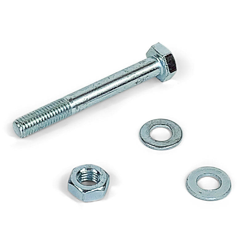Hex bolt, nut, and two washers for vehicle accessory installation on white background