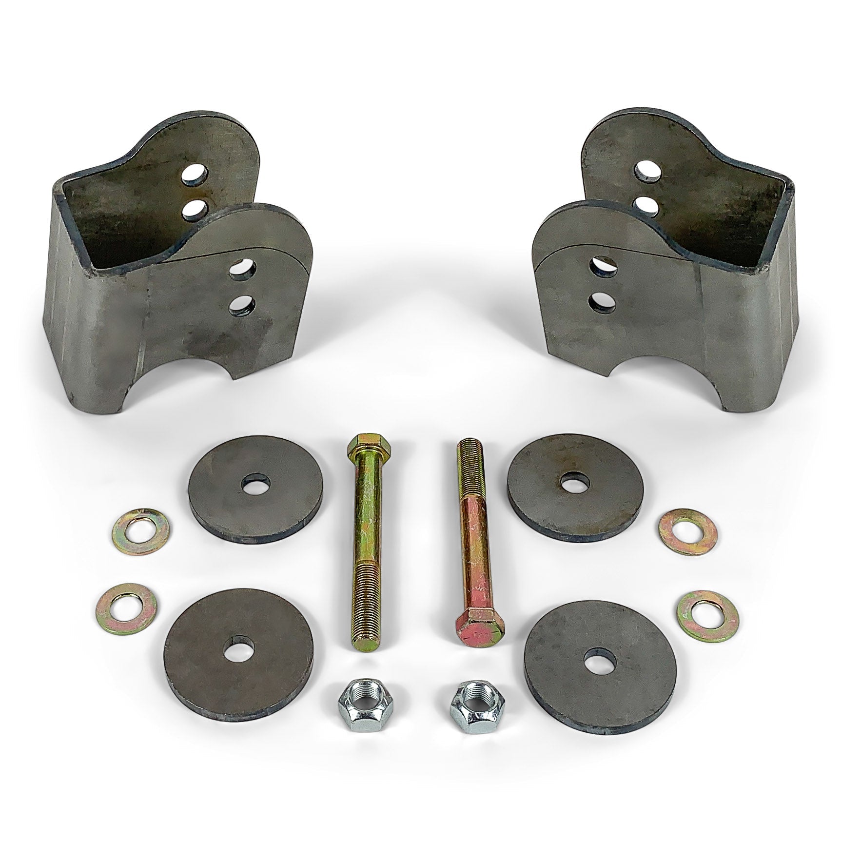 Steel axle mounting brackets kit with bolts, washers, and nuts for off-road vehicle suspension