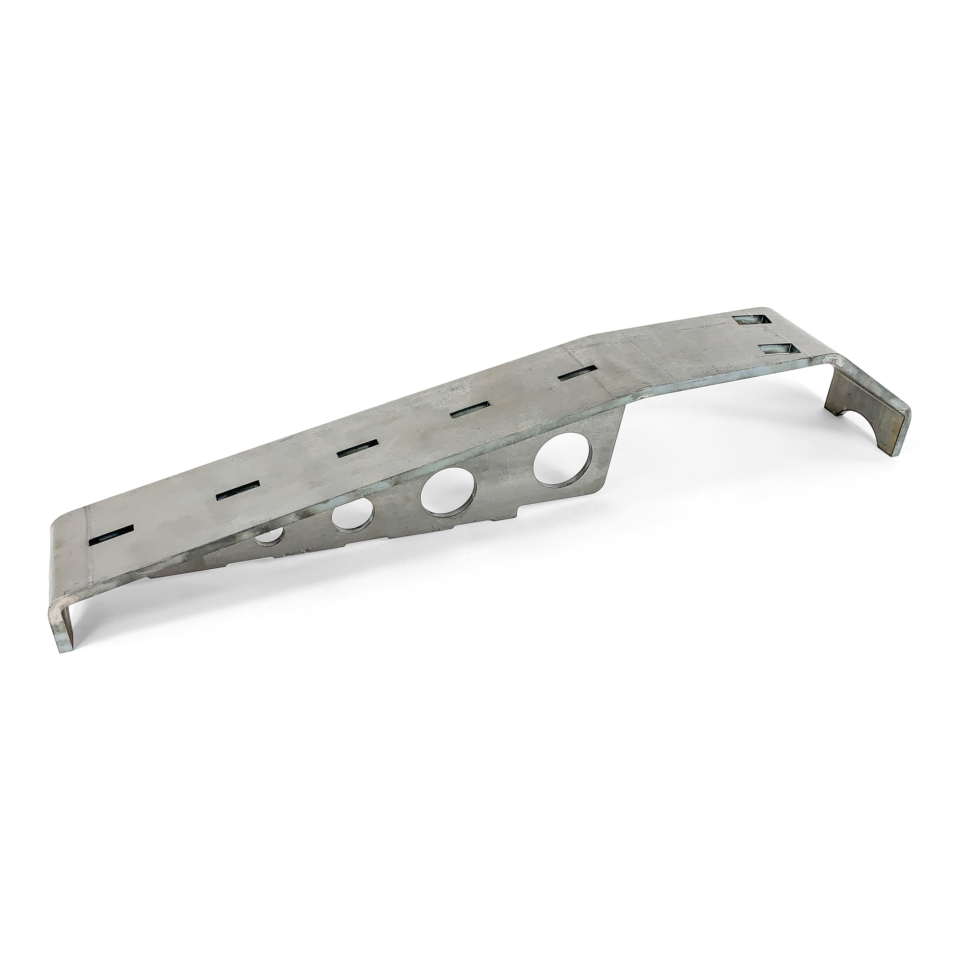 Metal skid plate with slotted and circular cutouts for off-road vehicle undercarriage protection