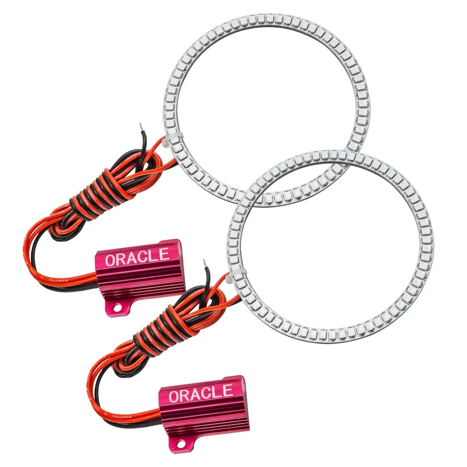 LED halo headlight rings with red wiring and ORACLE resistors for off-road vehicles