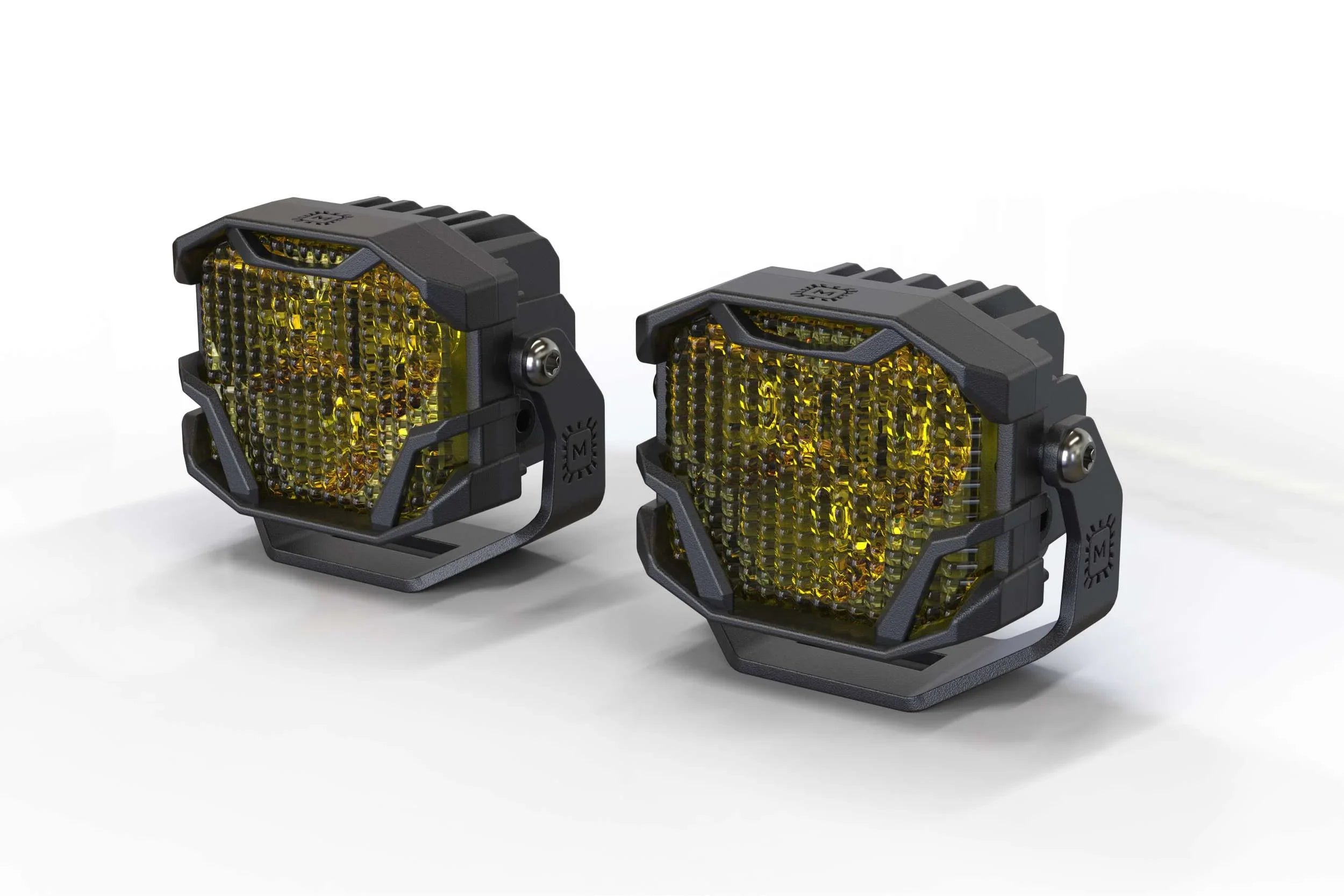 Pair of rugged yellow LED off-road pod lights with black metal housing for trucks and SUVs