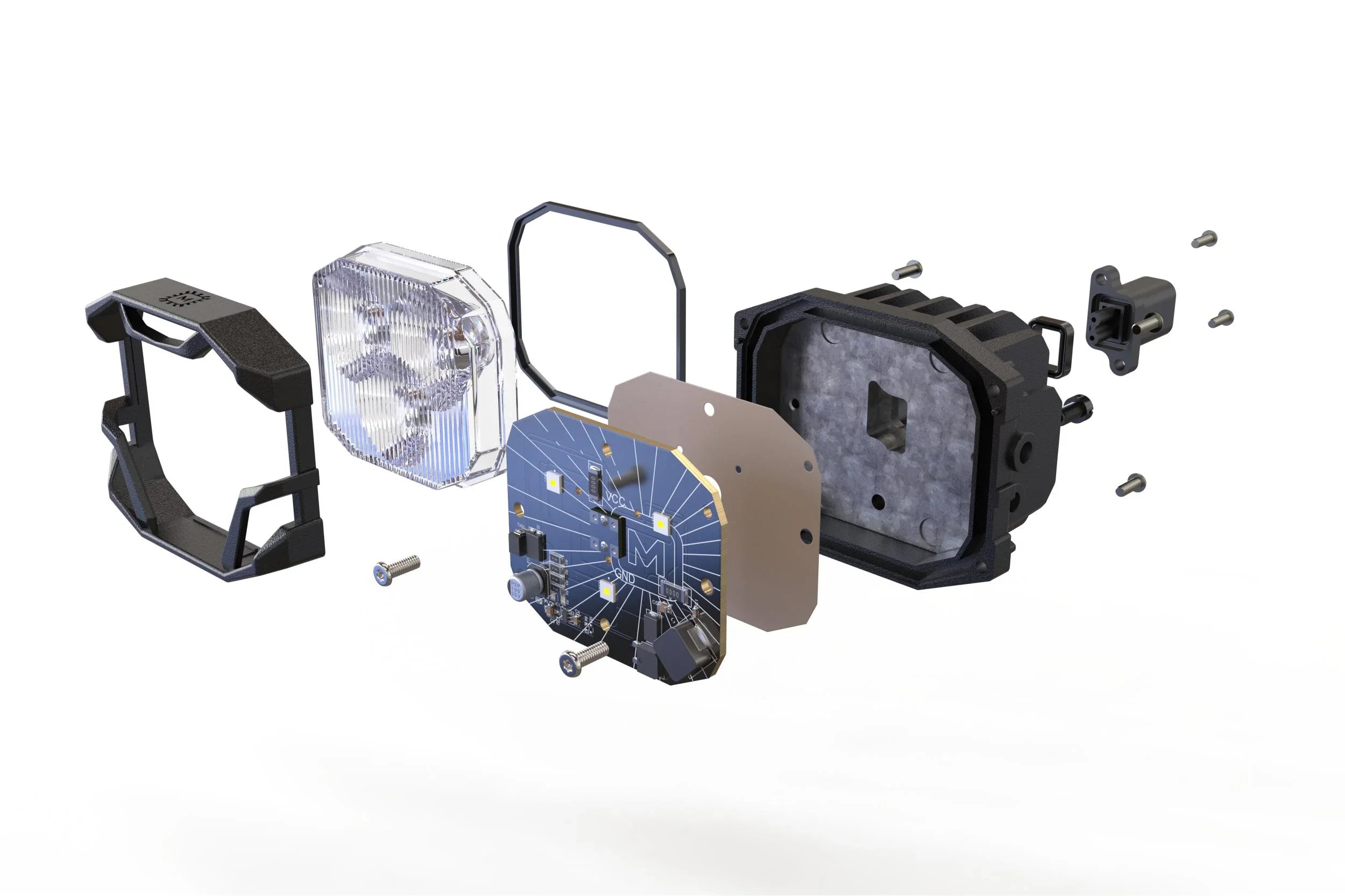 Exploded view of compact LED off-road pod light with circuit board, lens, housing, and mounting parts