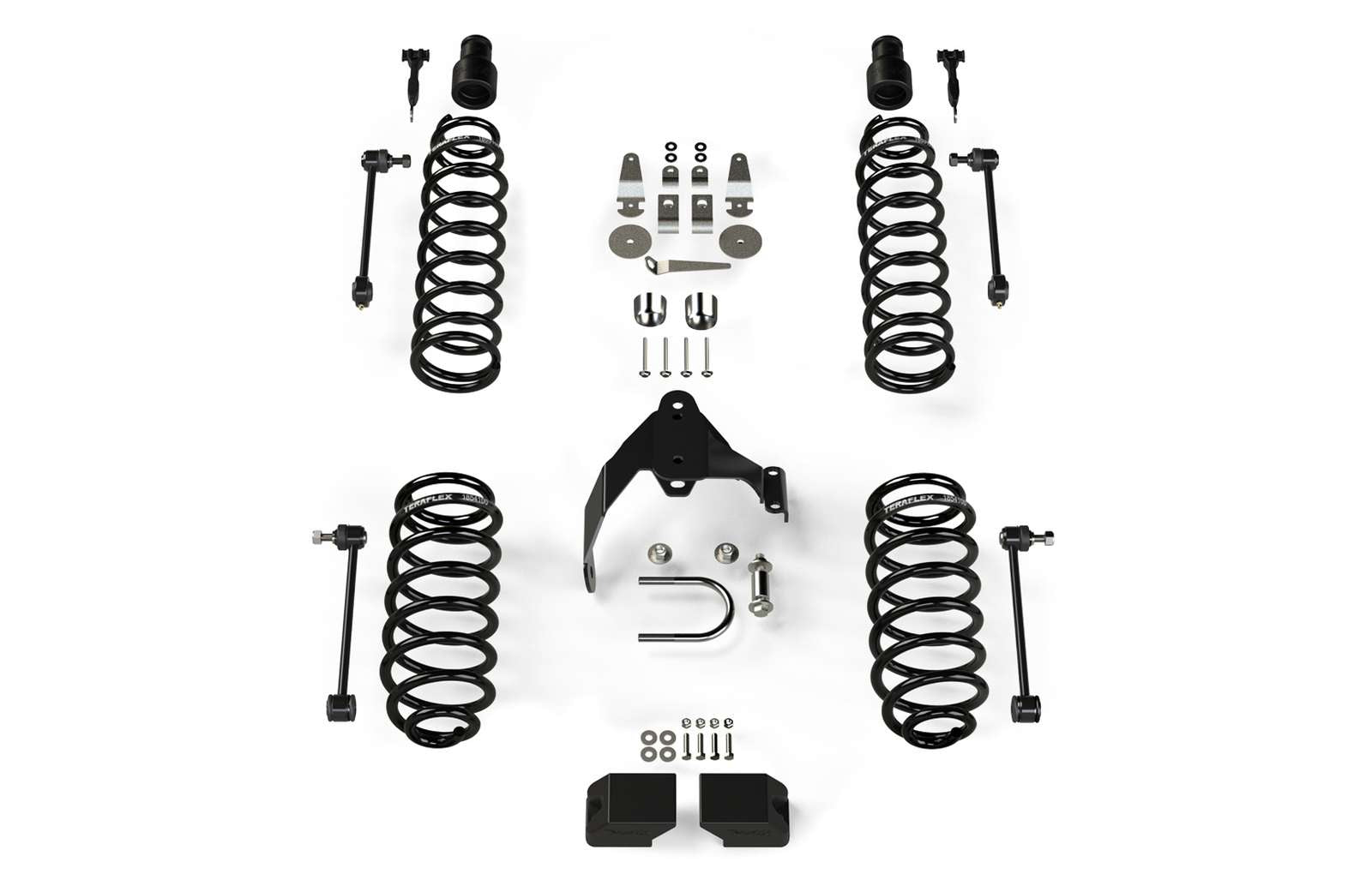 Jeep Wrangler suspension lift kit with coil springs, spacers, brackets, and hardware on white background