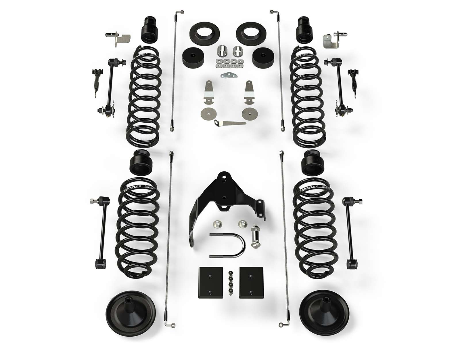 Vehicle suspension lift kit with coil springs, control arms, and mounting hardware arranged on white background, suitable for off-road trucks and SUVs.