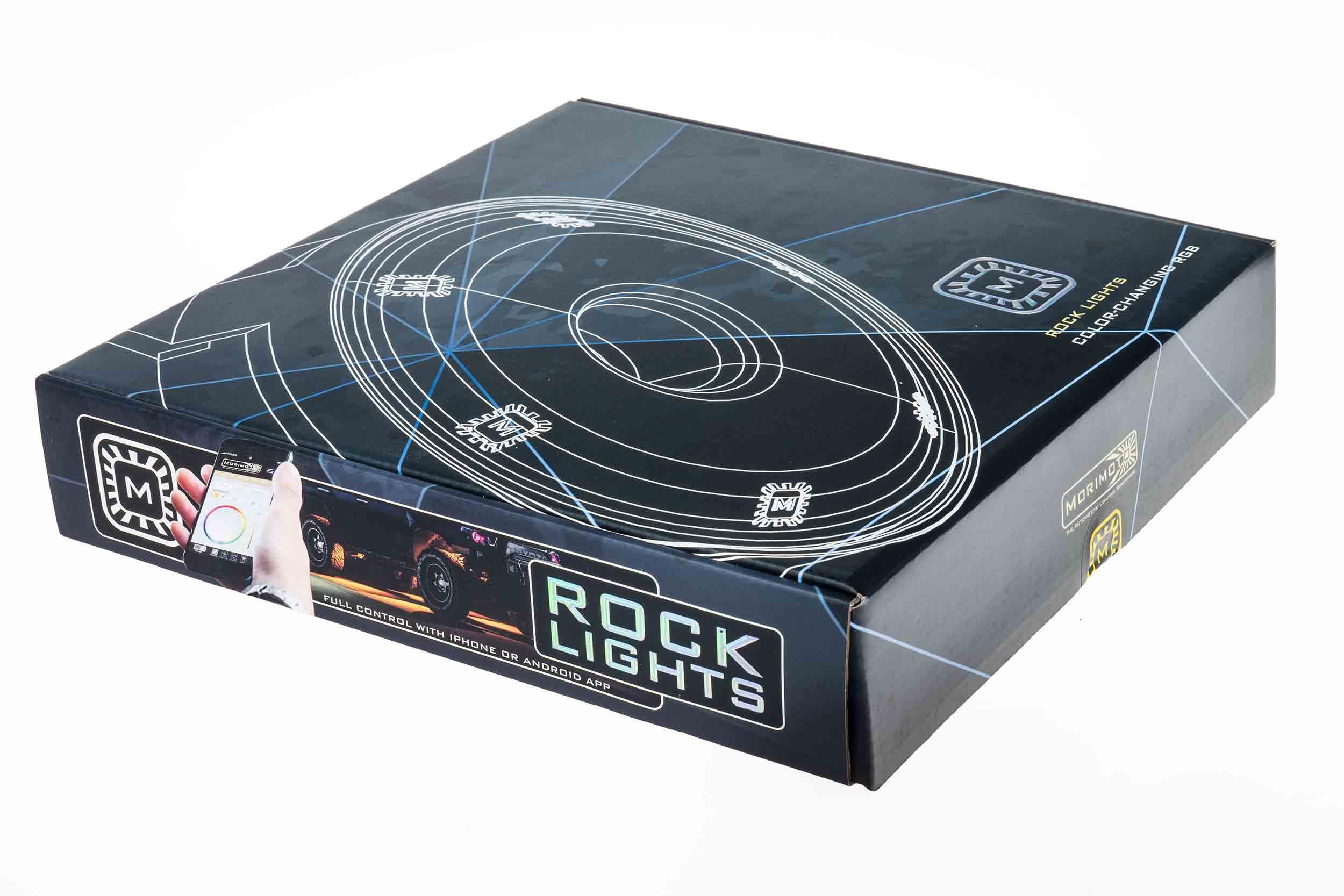 Morimoto rock lights kit packaging for off-road vehicle color changing LED lighting