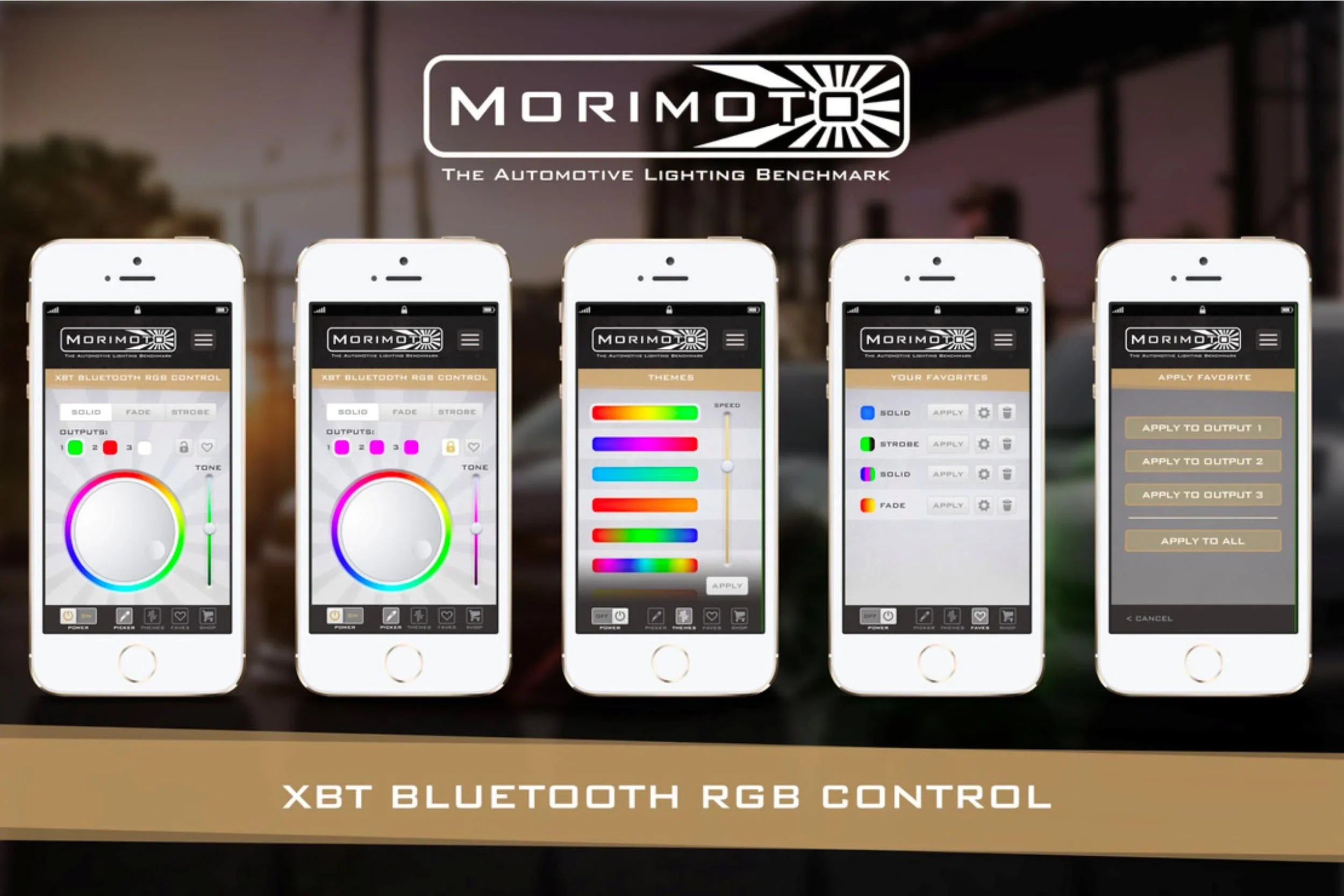 Bluetooth RGB lighting control app interface for automotive lights displayed on smartphones.