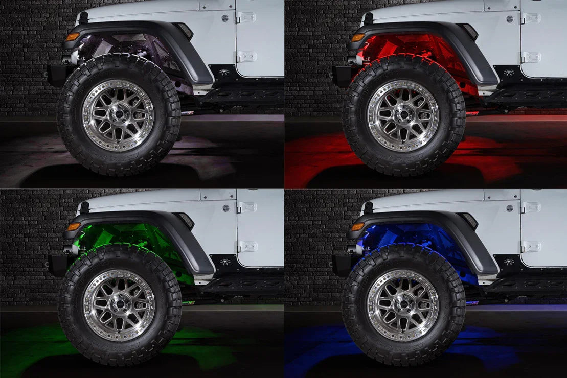 Off-road vehicle wheel with color-changing fender LED rock lights in purple, red, green, and blue