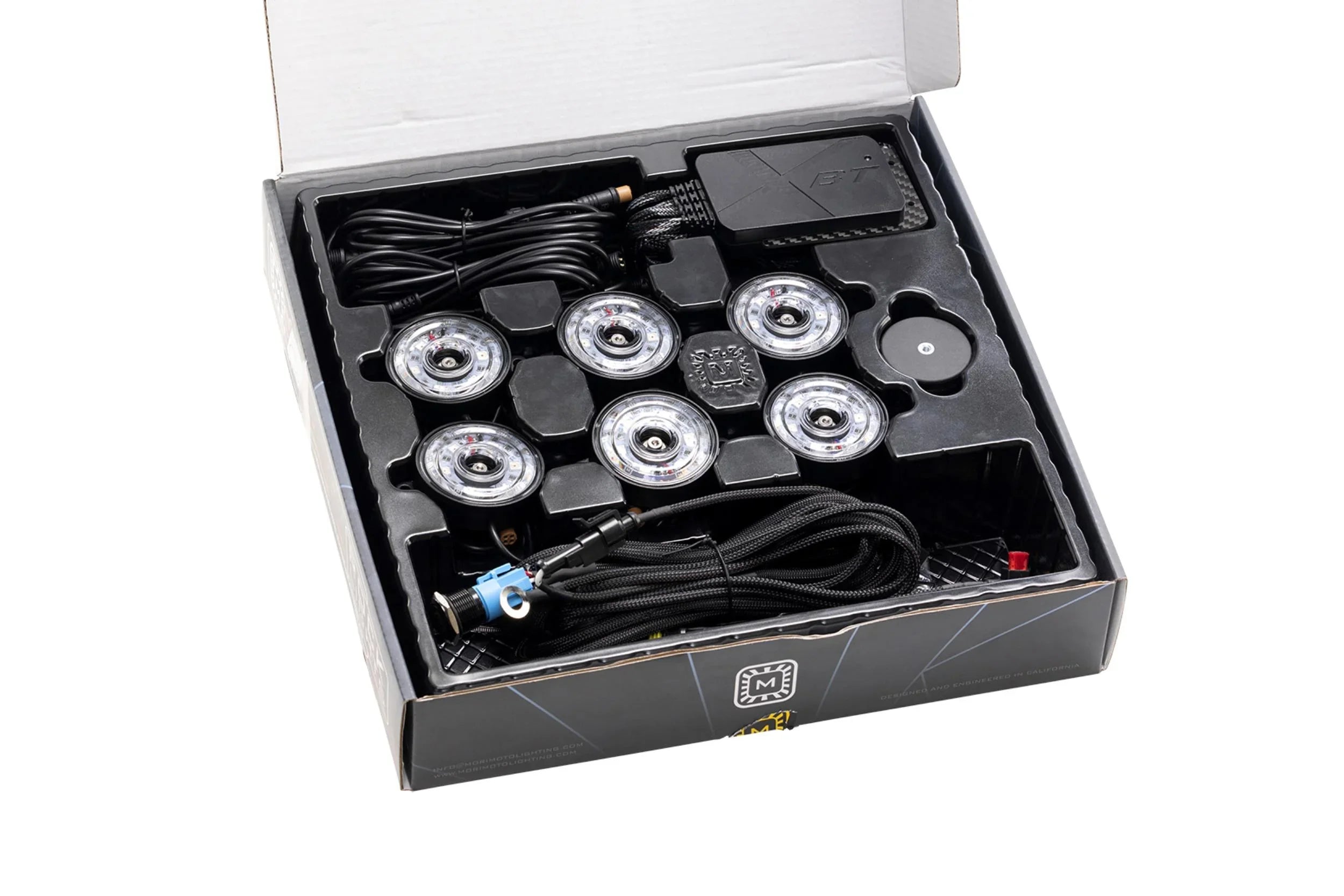 LED rock light kit with six round lights and wiring in a black box, for off-road vehicles