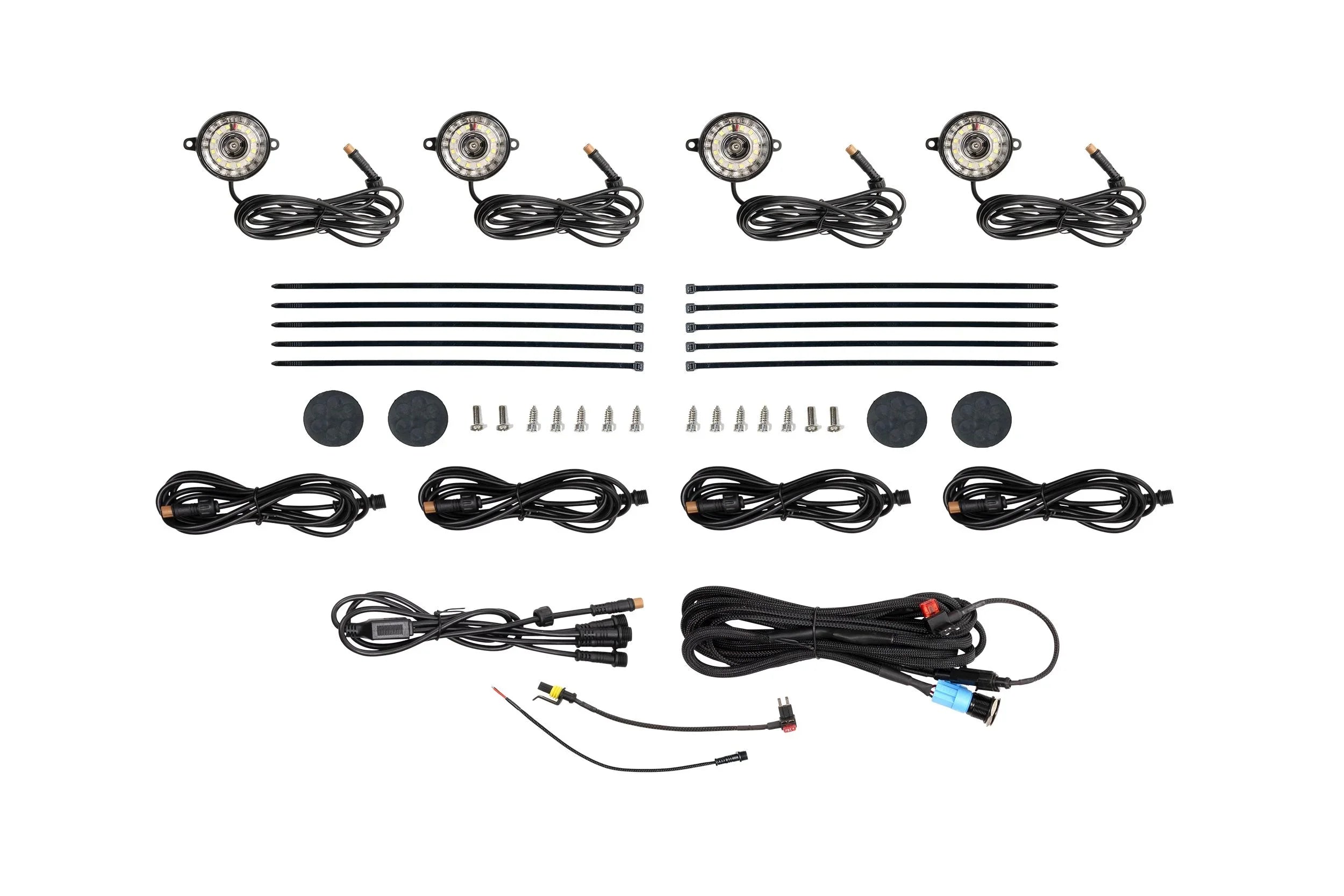 Vehicle rock light kit with LED lights, wiring harness, zip ties, mounting hardware