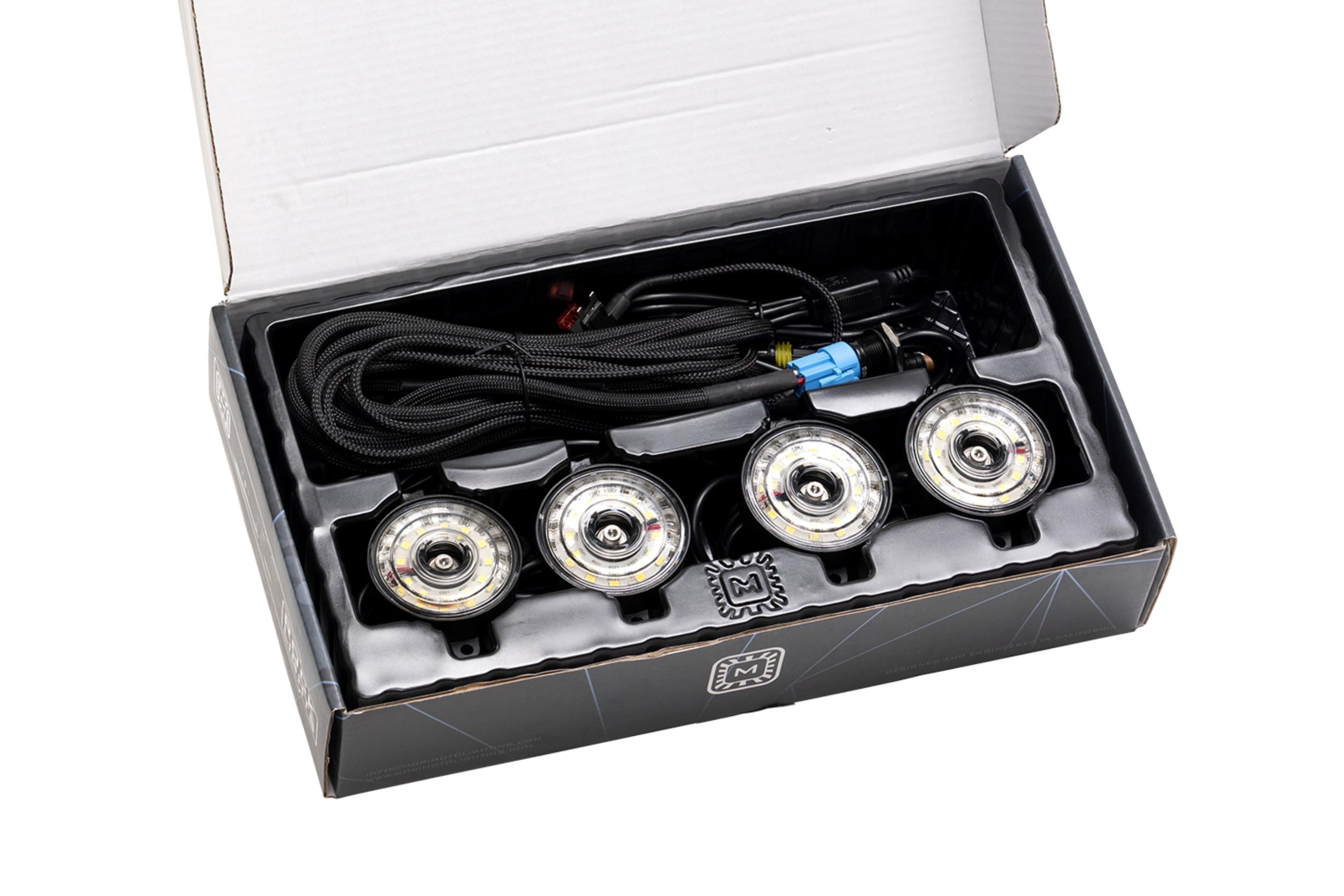LED round pod light kit with wiring harness for off-road vehicle installation